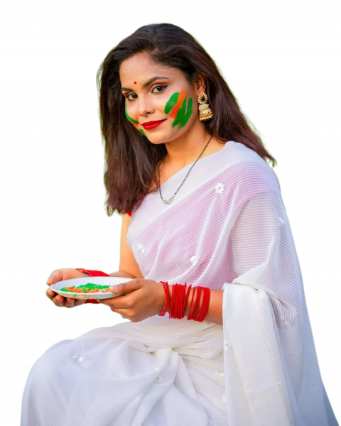 Happy holi girls in white sharee png