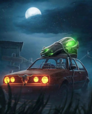 Zombie Screay Car Background With Skull Neon Light